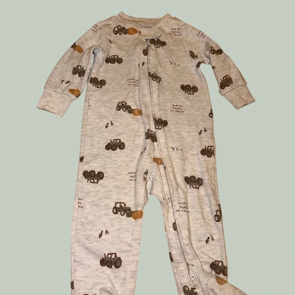 Carters Child of Mine Baby Boys Gray Tractor Print Footed Sleeper Pajamas 3-6M